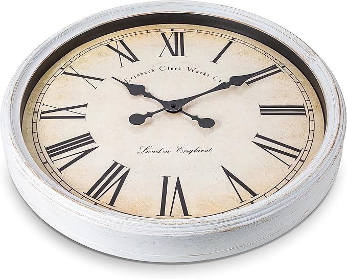 Bernhard Products Large Decorative Wall Clock 20 Inch Silent Non Ticking Battery Operated Quartz Vintage Stylish with Rustic White Rim for Home Living/Dining Room Kitchen & Over Fireplace