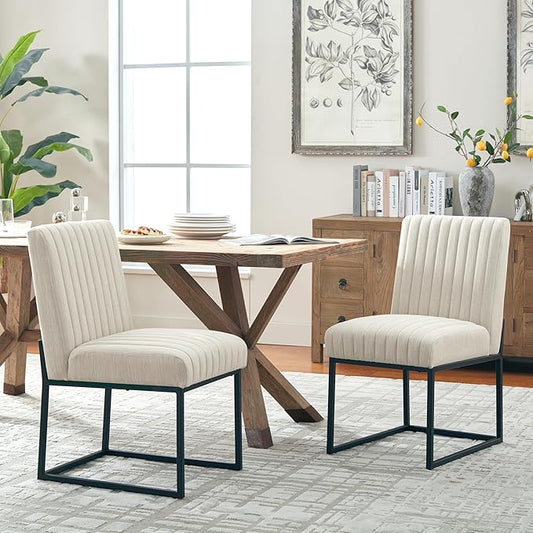VKNOW Upholstered Dining Chairs, Modern Dining Room Chairs with Stripe, Linen Kitchen Chair Dinner Chair with Black Metal Base for Kitchen Office, Beige