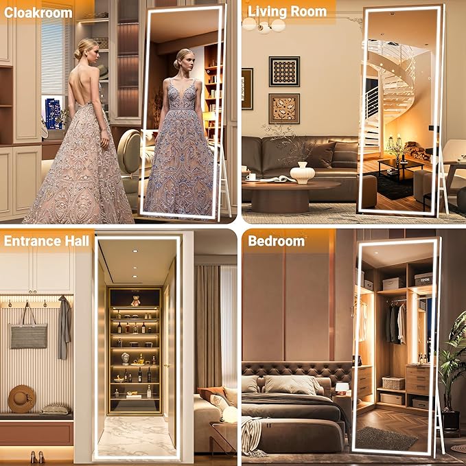 Full Length Mirror with Lights, 67" x 24" LED Lighted Floor Standing Mirror, Tempered Glass, Square White