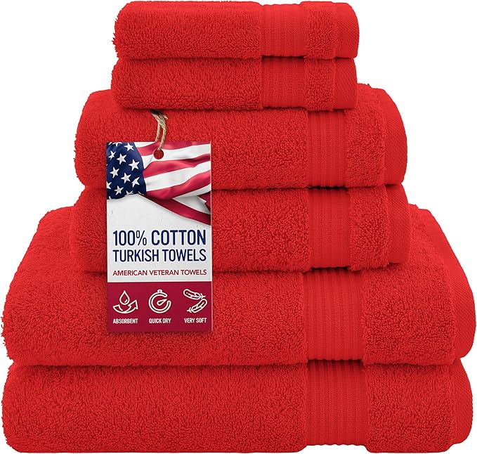 American Veteran Towel, 100% Cotton Turkish 6 Piece Towel Set, Luxury Towels Set of 6 for Bathroom Essentials, 2 Bath Towels 2 Hand Towels 2 Washcloths, Red