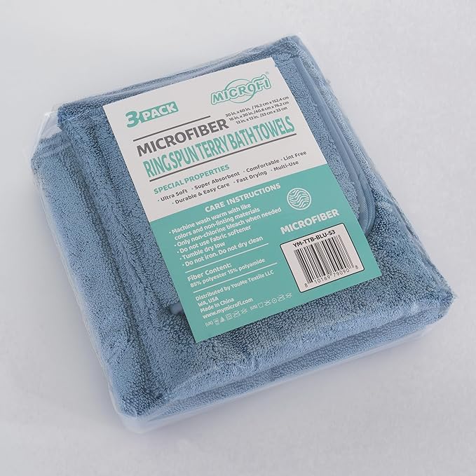 Ring Spun Terry Microfiber Bath Towel Set, 3 Piece, Oversize, Quick Dry, Lint Free, Includes Bath, face, and Hand Towels (Blue)