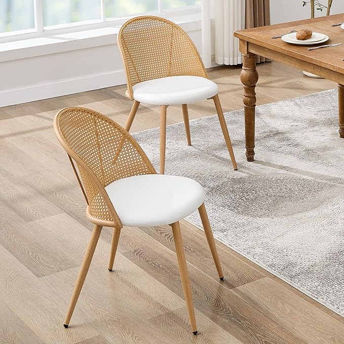 TYBOATLE Rattan Dinner Chairs Set of 2 with Faux Leather Cushion, Modern Dining Room Chairs w/Adjustable Foot Pads, Kitchen Boho Mid Century Upholstered, White