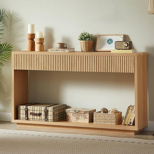 59" Rustic Flute Console Table with 2 Drawers, Modern Farmhouse Entrance Table, Sofa Table for Behind Sofa, Hallway Table with Storage Compartment, Suitable for Hallway and Living Room,Qak