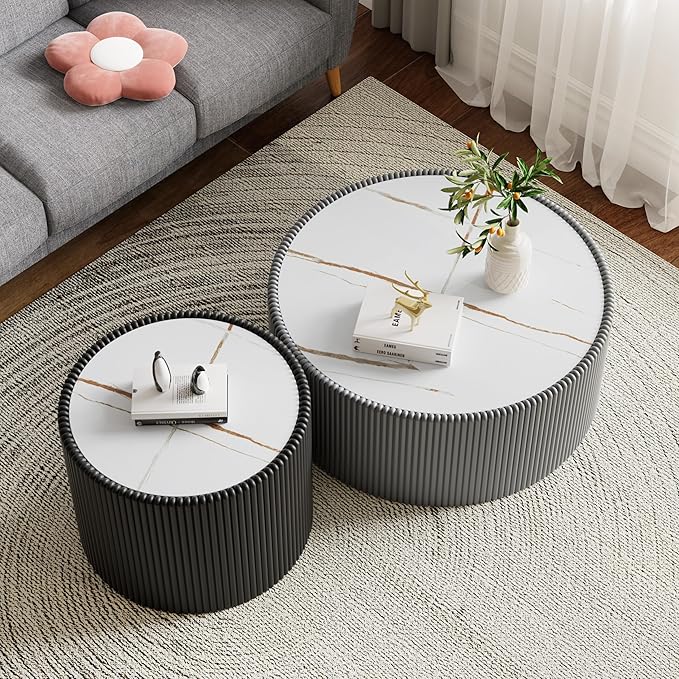Round Coffee Table Set with Sintered Stone Tabletop, 29.52" Grey Drum Center Table and 17.71" Black Coffee Table Set, 2 Pieces Living Room Table Set with Fluted PU Leather Cover& Stable Base
