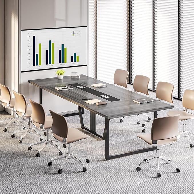 LITTLE TREE 8FT Conference Table for 10 People, Large Meeting Table, Modern Wooden Conference Room Tables with Cable Management, Business Style Training Tables with Strong Metal Legs for Office, Grey