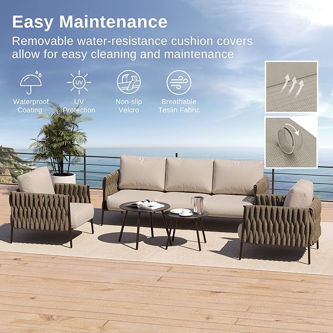 EAST OAK Life Chatter Patio Furniture Set 5 Pieces, Outdoor Furniture 5-Seat Sofa with Two Round Coffee Table, Waterproof Thick Cushion Deep Seating for Porch, Balcony, Chestnut Brown & Creamy Apricot