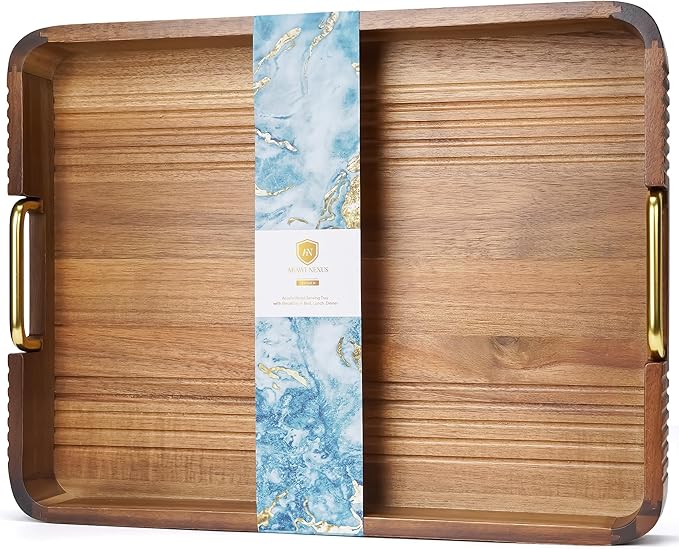 Acacia Wood Serving Tray with Metal Handles – 17x12in Rustic Decorative Ottoman & Coffee Table Tray for Breakfast in Bed, Dinner, Bar, Kitchen, Home Décor & Entertaining