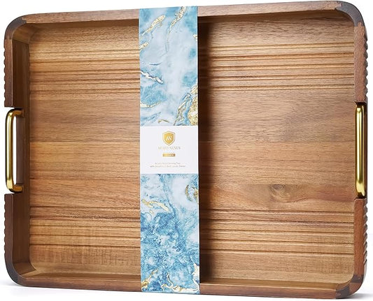 Acacia Wood Serving Tray with Metal Handles – 17x12in Rustic Decorative Ottoman & Coffee Table Tray for Breakfast in Bed, Dinner, Bar, Kitchen, Home Décor & Entertaining