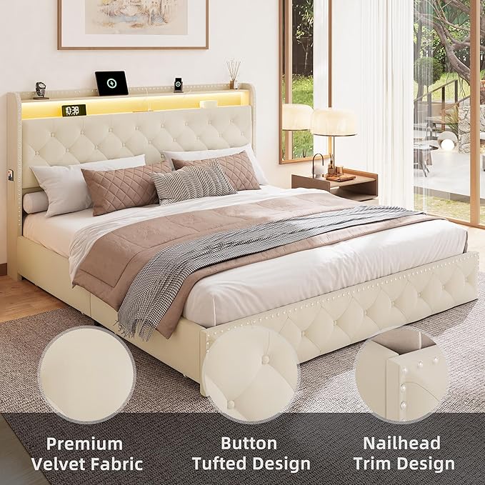 BRELTAM King Size Bed Frame with LED and Charging Station Upholstered Velvet Bed Frame with 4 Storage Drawers, Platform Bed Frame and Headboard Heavy Duty Wood Slats, Noise Free, Easy Assembly, Beige