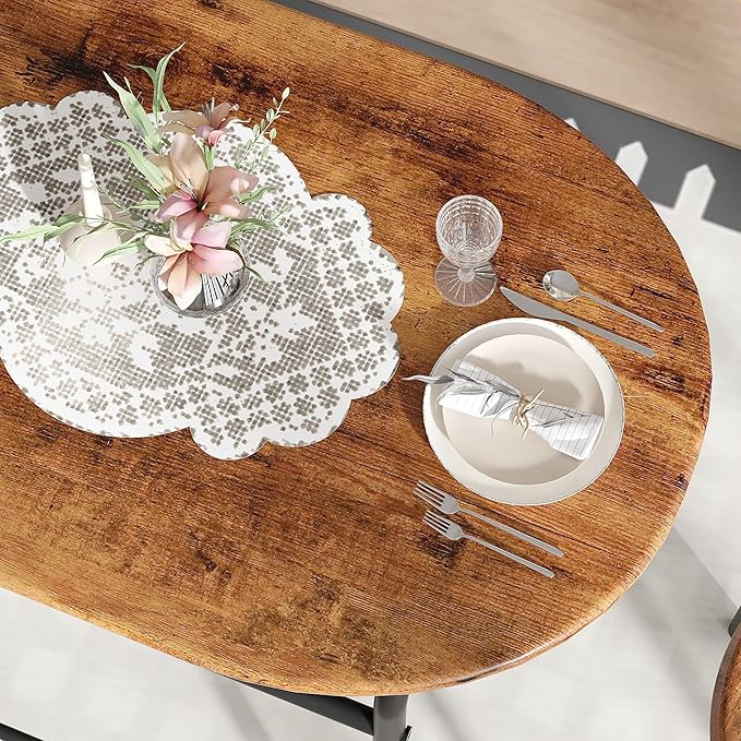 VECELO 3-Piece Dining Table Set for Kitchen Breakfast Nook, Wood Grain Oval Tabletop and Metal Frame with Built-in Wine Rack, for Small Spaces, Antique Brown & Black