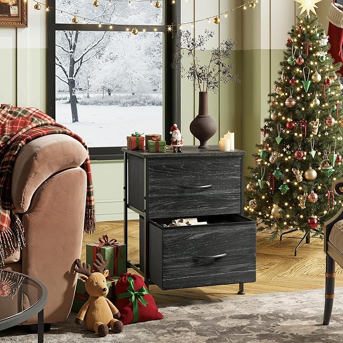 WLIVE Night Stand, Small Dresser with Drawers, Dresser for Bedroom with 2 Fabric Drawer, Black Bedside Table End Table, Dorm Nightstand, Closet Organizer, Charcoal Black Wood Grain Print