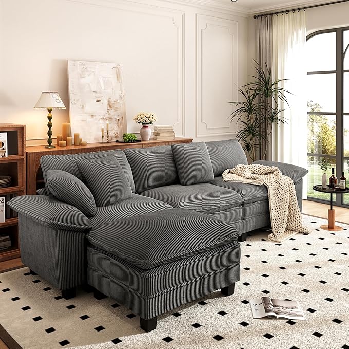 PHI VILLA Cloud Modular Couch Sets, 123.6" Sectional Sofa with L-Shaped Chaise, 4-Seater Upholstered Couches with Movable Ottoman for Living Room, Corduroy Fabric, Grey