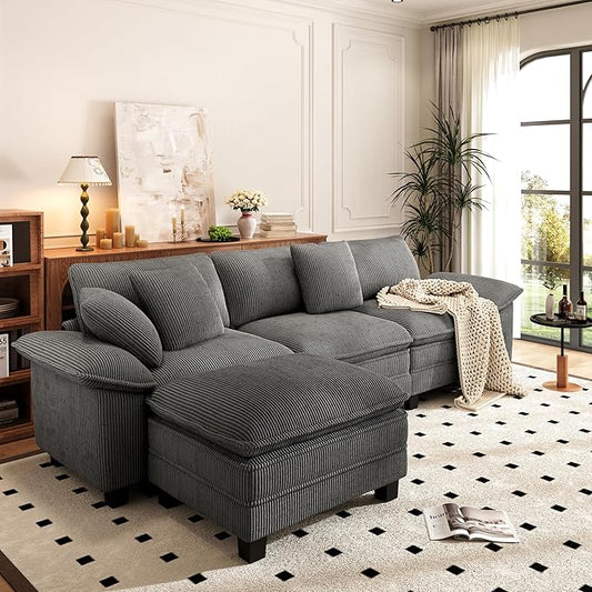 PHI VILLA Cloud Modular Couch Sets, 123.6" Sectional Sofa with L-Shaped Chaise, 4-Seater Upholstered Couches with Movable Ottoman for Living Room, Corduroy Fabric, Grey