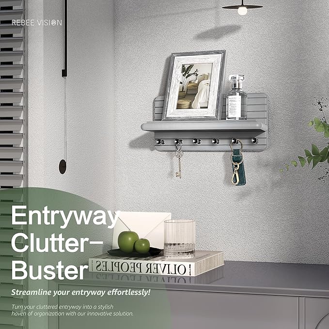 Rebee Vision Decorative Key Holder Wall Mount for Room Decor Aesthetic – Modern 11-inch Pine Wooden Key Holder for Wall with 6 Hooks & Floating Shelf - Sleek Home Improvement Essential (Gray)