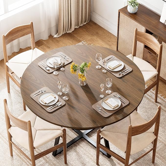 47" Round Dining Table for 4, Kitchen Dining Table with Storage, Wood Circle Dinner Table, Space Saving Dining Room Furniture for Kitchen, Living Room
