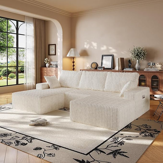 108" U Shaped Sectional Couch with Ottoman, Corduroy Modular Sectional Sofa with Deep Seat, Modern Modular L-Shape Sofa Couch with Chaise,Upholstered Boneless Couches for Living Room Bedroom