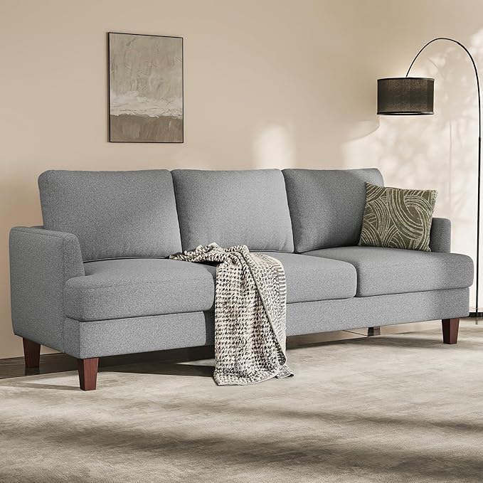 3 Seater Sofa Couch with Deep Seats, 89" Mid Century Modern Upholstered Sofa with Armrests, Comfy Couches for Living Room, Bedroom and Office, Linen Fabric Apartment Couch (Linen Grey)
