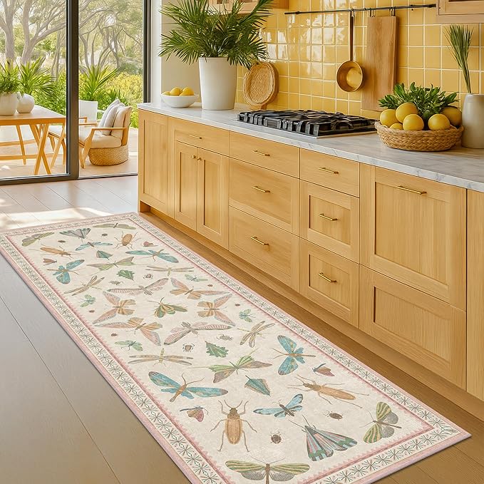 Boho Bathroom Runners - 2x5 Pink Rug for Kitchen, Entry Way, Hallway, Non Slip Washable Butterfly Insect Print Home Decor