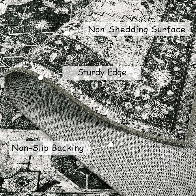 Moynesa Ultra-Thin Washable Area Rugs 8x10 Black and White Rugs for Living Room, Boho Large Rugs for Bedroom Non Slip Lightweight, Vintage Low Pile Carpet for Dining Room Home Office Decor