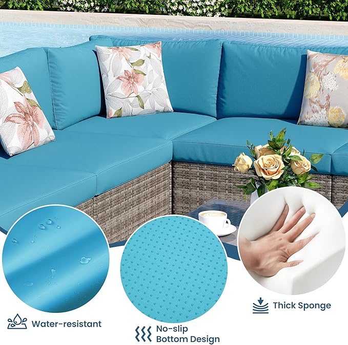 8 Pieces Outdoor Patio Furniture Set with 43" Fire Pit Table, Wicker Outdoor Patio Sectional Sofas with Cushions and Coffee Table, All-Weather Patio Conversation Set for Garden Backyard, Light Blue