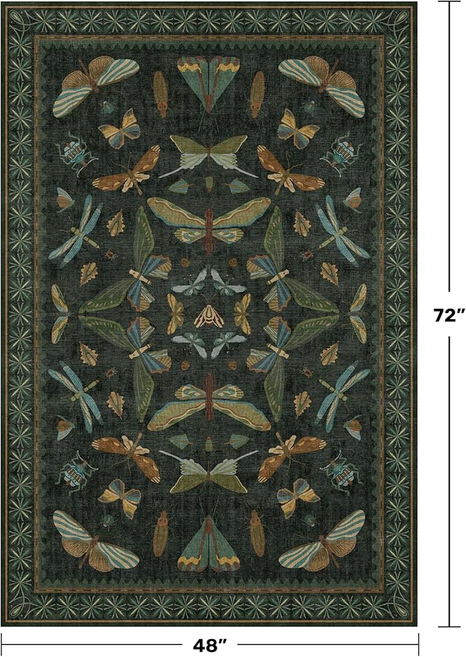 Dark Green 4x6 Washable Area Rug for Living Room, Bedroom, Large Entryway, Kitchen, Ultra Soft Non Slip Stain Resistance, Floral Forest with Brown Aethestic Design