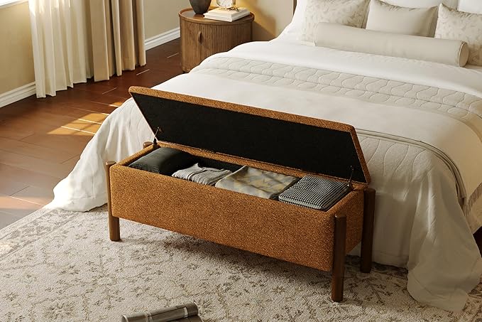 Modern Storage Benches with Walnut Wood Legs, 47'' Ottoman Bench with 20 Gallons Storage Space for Bedroom End of Bed, Fabric Upholstered Entryway Bench with Seating for Livingroom, Orange
