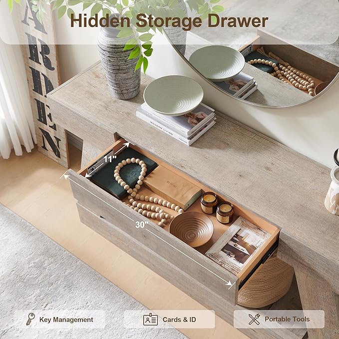 60" Farmhouse Entryway Table with Drawer, Wooden Hallway Foyer Table with Heavy Duty Base(Light Rustic Oak)