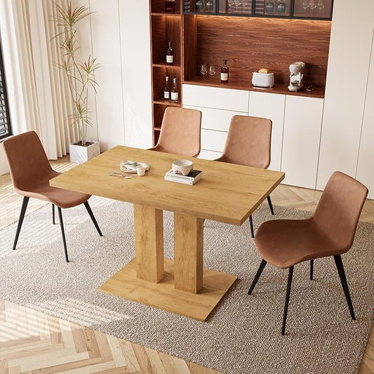 Dining Table Set for 4-6 People, 46 Inch Modern MDF Oak Kitchen Table with 4 Faux Leather Chairs, Rectangular Dining Room Table Set for Home, Small Spaces, Breakfast Nook (Oak Table + 4 Brown Chairs)