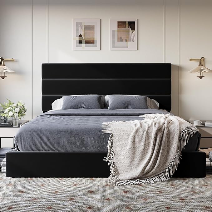 SHA CERLIN King Size Platform Bed Frame with 4 Storage Drawers, Velvet Upholstered Headboard, Mattress Foundation with Wooden Slats Support, No Box Spring Needed, Easy Assembly, Black