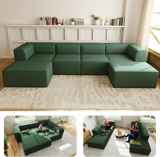 136" 6-Piece Sectional Sofa Modular Couches,L-U-Shaped with Chaise,for Living Room,Compressed Foam No Assembly,for Living Room (2xArmless Corner Ottoman) Fabric Chenille Green
