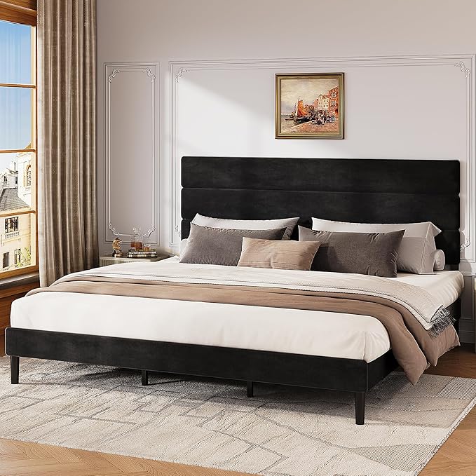 WLIVE King Size Upholstered Bed Frame, Velvet Square Tufted Headboard, Sturdy Metal & Wooden Slats Support, No Box Spring Needed, Black