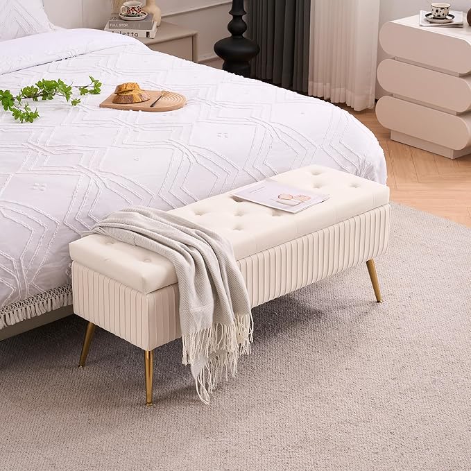Velvet Storage Bench for Bedroom, Rectangle Upholstered End of Bed Bench Modern Tufted Ottoman with Gold Legs for Living Room/Window/Entryway (Ivory-45.5" W)