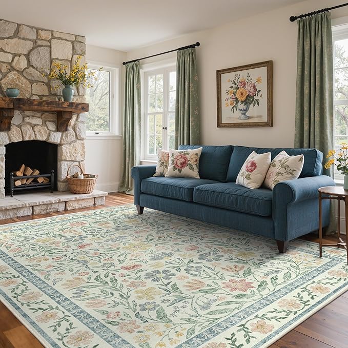 GENIMO 5x7 Washable Area Rug, Non-Slip Vintage Boho Floral Carpet, Soft Low-Pile Thin Bedroom Rug for Living Room, Dining Room, Nursery, Green