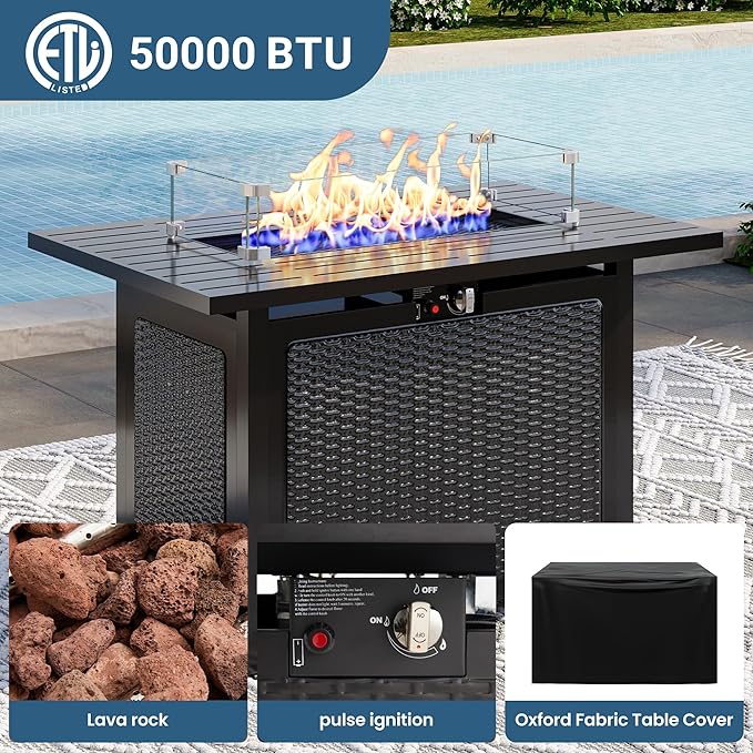 8 Pieces Outdoor Patio Furniture Set with 43" Fire Pit Table, Wicker Outdoor Patio Sectional Sofas with Cushions and Coffee Table, All-Weather Patio Conversation Set for Garden Backyard, Navy Blue