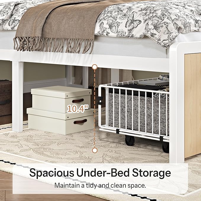 Queen Bed Frame with Storage Headboard & Dual Built-in Storage Drawers, Heavy Duty Platform Bed with 4-Device Charging Station and LED Lights, Noise-Free Design, No Box Spring Needed, White