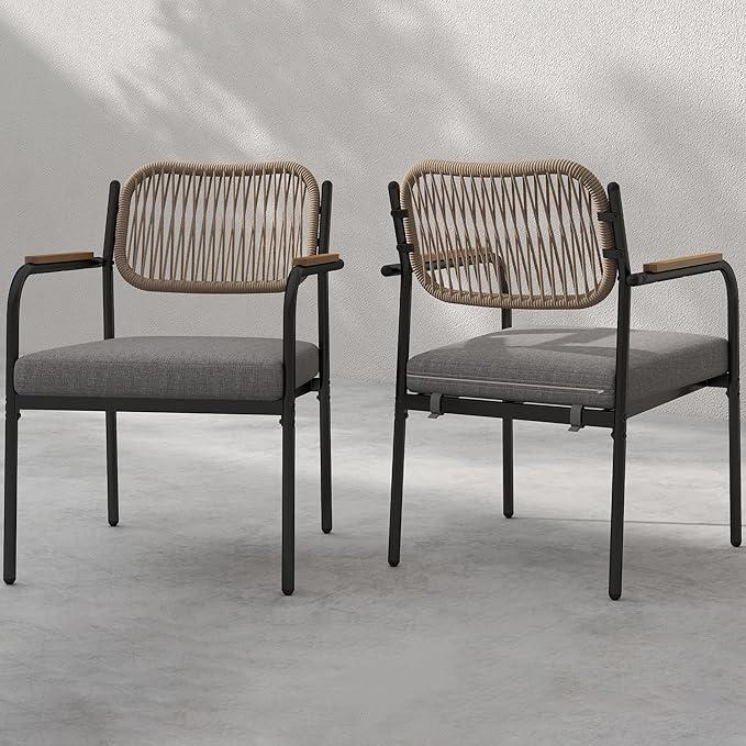 Outdoor Dining Chairs Set of 2, Wicker Patio Dining Chairs with Removable Cushions, Rectangle Patio Table Chair, All Weather Outdoor Chairs, Metal Lawn Chair for Adults/Indoor/Balcony, Gray