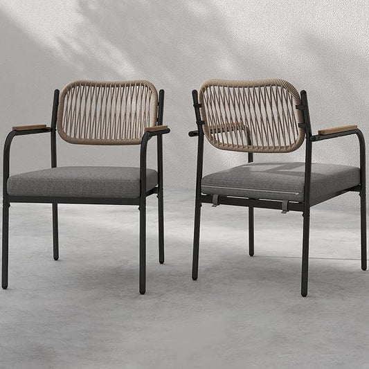 Outdoor Dining Chairs Set of 2, Wicker Patio Dining Chairs with Removable Cushions, Rectangle Patio Table Chair, All Weather Outdoor Chairs, Metal Lawn Chair for Adults/Indoor/Balcony, Gray