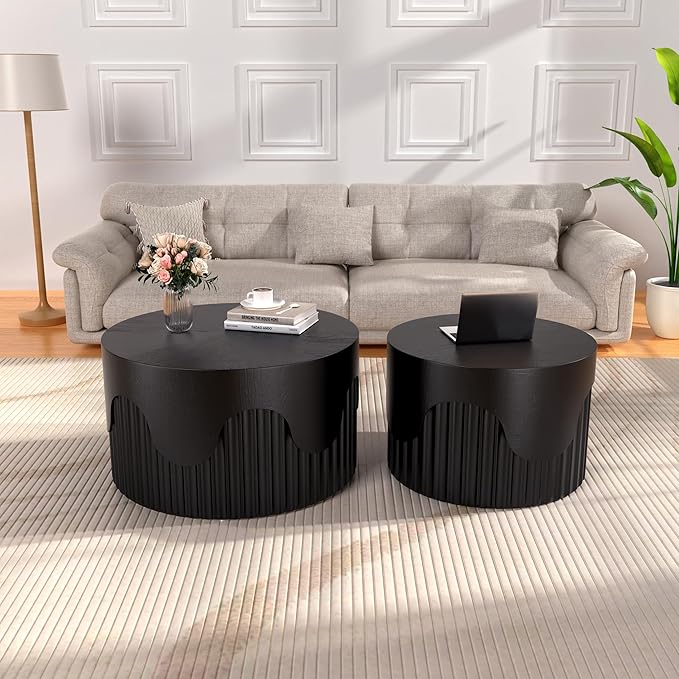 Round Nesting Coffee Table Set of 2, Round Fluted Coffee Tables for Living Room Modern Nesting End Side Tables for Small Spaces (E Black)