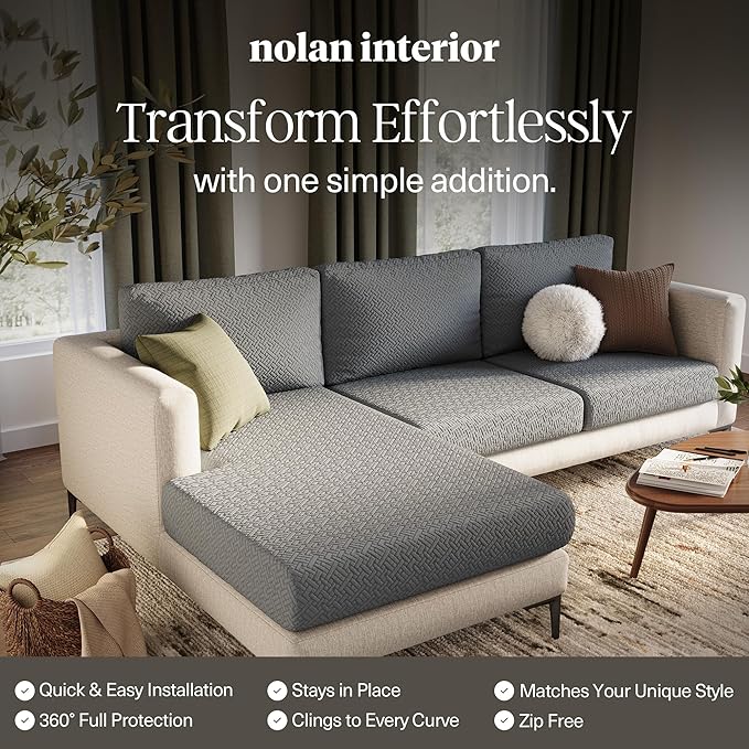 Nolan Interior Magic Sofa Cover - Classic Jacquard Chaise Couch Cover - Pet Proof, Easy Install, Stretchy Slipcover - Medium, Cinnamon Brown