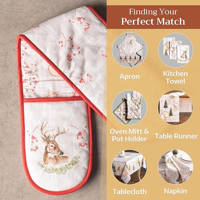 Maison d' Hermine Double Oven Mitt (7" x 35") 100% Cotton Heat Resistant BBQ Cooking Gloves with Loop for Thanksgiving Christmas Decorations Baking Cooking Barbeque Handling Hot Pan (Mountain Life)