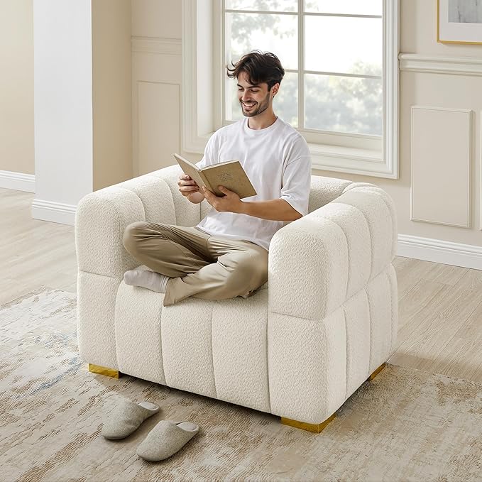 VANOMi 90.94”Cloud Sofa Couch, Modern Deep Seat Boucle Sofa, Oversized Upholstered 3-Seater Comfy Couch Loveseat for Living Room, Bedroom, Office, Apartment, White (1 Piece)