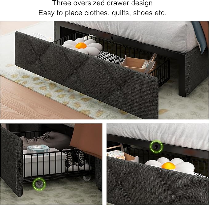 Feonase Twin Bed Frame with 3 Storage Drawers, Upholstered Platform Bed with Charging Station, Wingback Storage Headboard, Heavy Duty Wooden Slats, No Box Spring Needed, Easy Assembly, Dark Grey