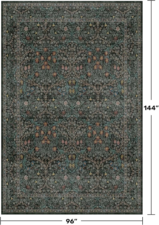 Washable Dark Green Rug for Living Room - 8x12 Large Area Rug for Dining Room Under Table, Bedroom, Soft Low Pile Non-Slip Stain Resistant Carpet - Vintage Floral Décor