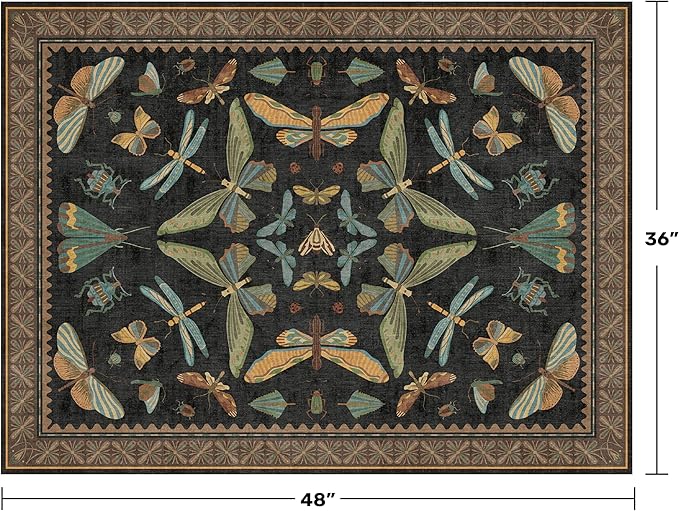 Black Front Door Mat Indoor Entrance Non Slip Washable - 3x4 Throw Rug for Kitchen, Mudroom, Bedroom Bedside, Insect Boho Vintage Aesthetic Décor