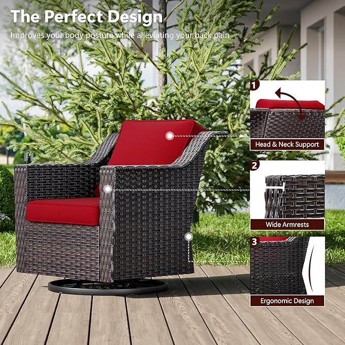 3 Pieces Wicker Patio Furniture, Luxury Outdoor Rattan Furniture with 2 Patio Swivel Chair,Side Table, Wide Armrest, Thickened Cushions, Ideal for Deck, Porch Use