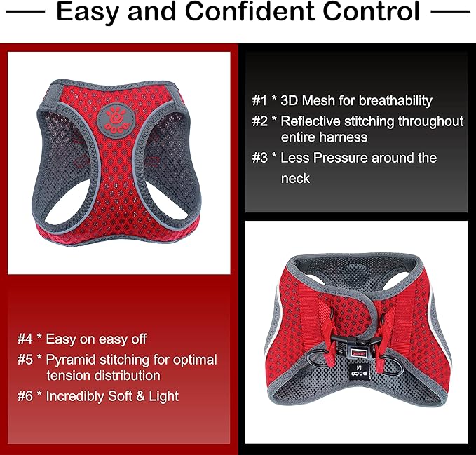 DOCO Dog Harness (Chest 13.5"-14", Weight 4–6 lbs) Athletica Adjustable Heavy Duty No Choke Puppy Vest for Extra Small Dogs Lightweight Air Mesh, Reflective, Puppy Essentials – Red, X-Small