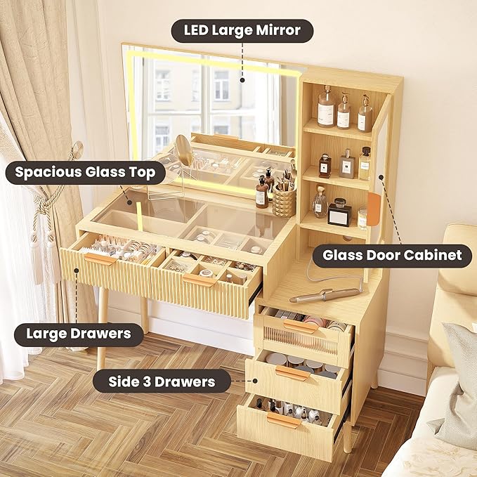 Fluted Makeup Vanity Desk with Mirror and Lights, 5 Drawers Glass Top Makeup Vanity with 4 Storage and 9-Grid Organizer, 3 Color Ribbed Glass Dressing Table with Charging Station, Light Oak