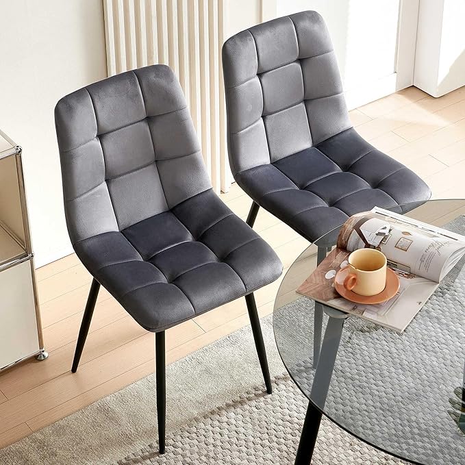 NORDICANA Grey Velvet Dinner Chairs Set of 4, Modern Armless Dining Side Chairs with Metal Legs for Kitchen Living Room Vanity