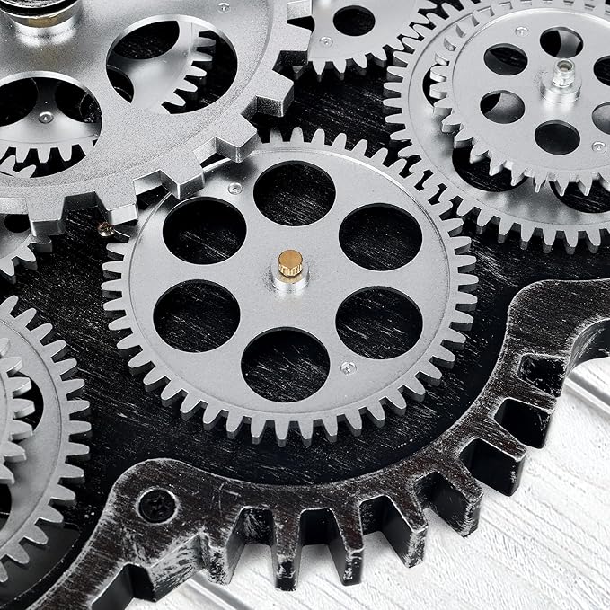 Lafocuse 23 Inch Large Wall Clock with Moving Gears for Living Room, Wooden White Steampunk Gear Clocks with Roman Numerals, Home Decor