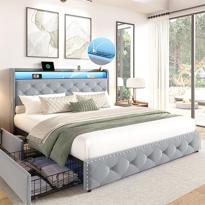 BRELTAM Bed Frame Queen Size with 4 Storage Drawers Upholstered Velvet Bed Frame with LED and Charging Station,Platform Bed Frame with Headboard Heavy Duty Wood Slats,Noise Free,Bluish Grey